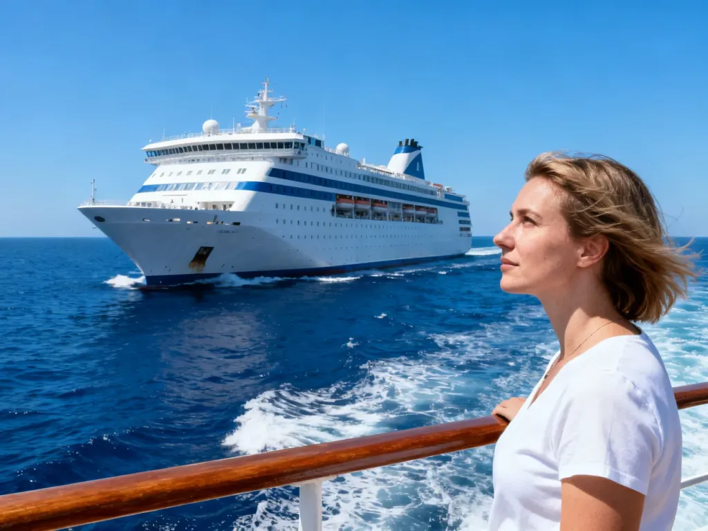 Pasażerka na pokładzie promu Stena Line podziwiająca widok na morze podczas słonecznego rejsu.