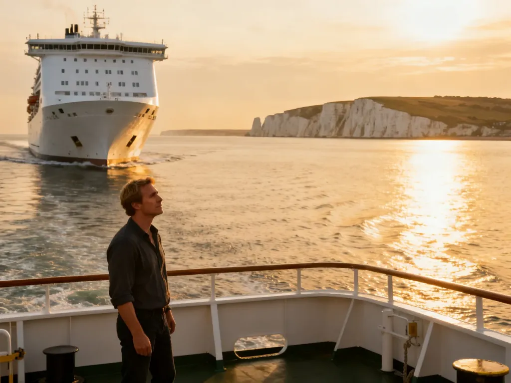 Nowoczesny prom odpływający z Calais w stronę białych klifów Dover o zachodzie słońca. Pasażer na pokładzie podziwia widok.