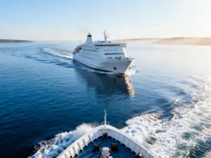 Mężczyzna sprawdza pozycję statku na tablecie z interaktywną mapą morską na tle płynącego przez ocean kontenerowca.