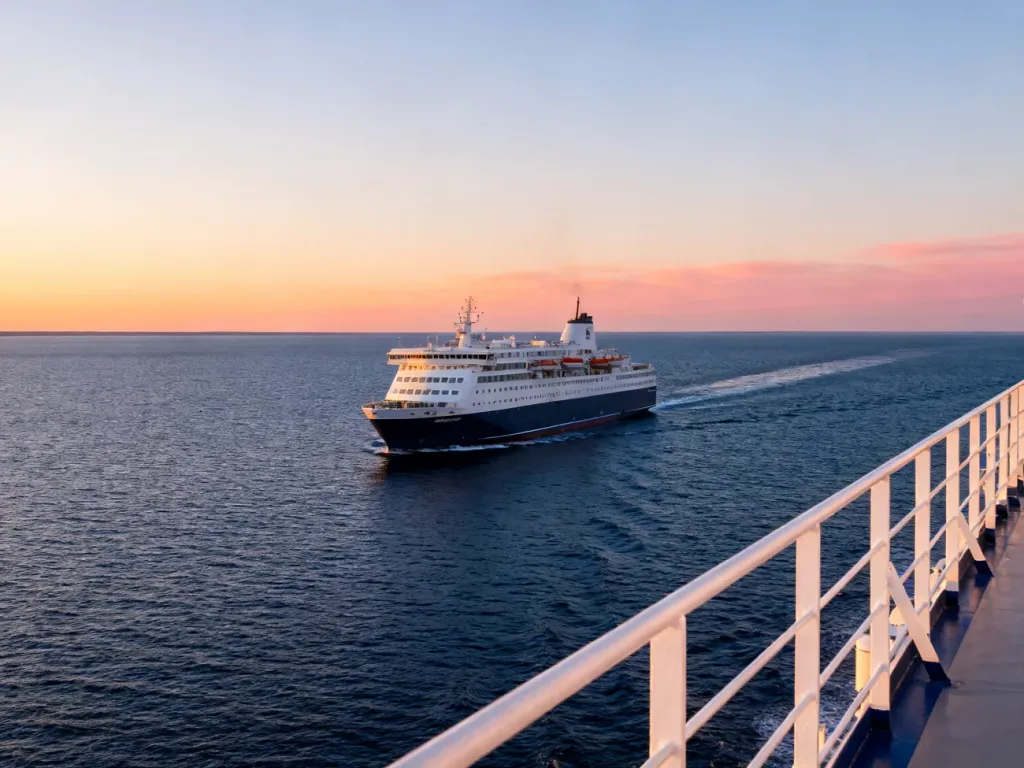 Nowoczesny prom Polferries płynący po spokojnym Bałtyku w świetle zachodzącego słońca. Widok z pokładu statku na otwarte morze.